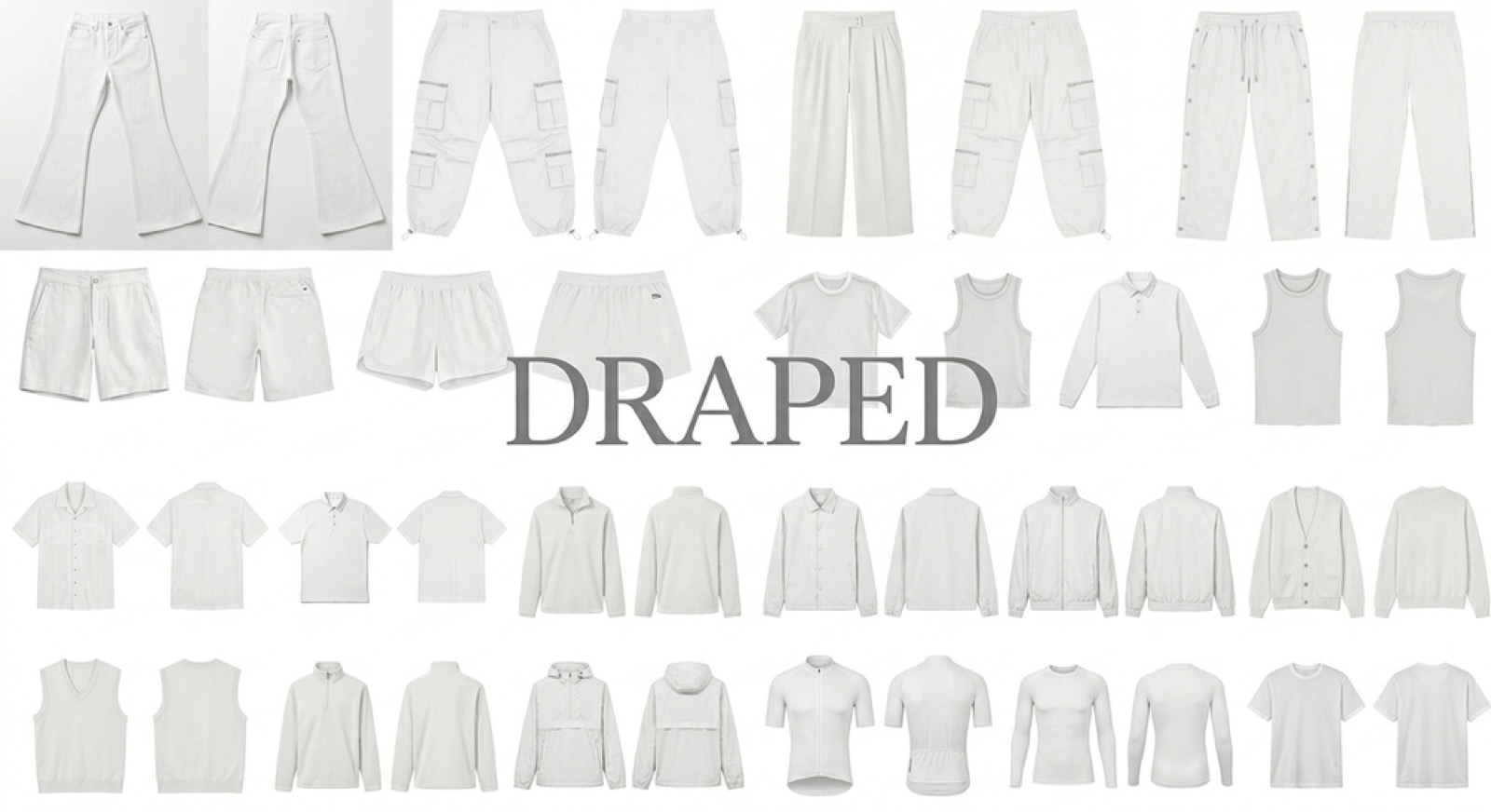 DRAPED full catalogue — 40 ghost-mannequin garment shells across four categories